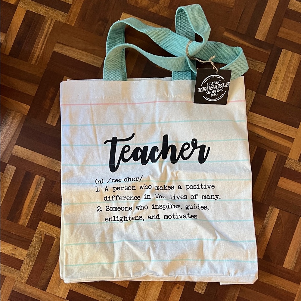 Reusable Teacher Tote Bag - White and Mint